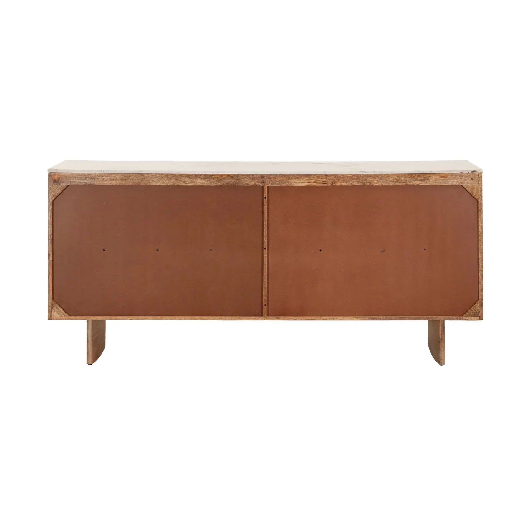 Front perspective view of the Hedron sideboard featuring vertical fluted oak wood panels and a white marble top surface