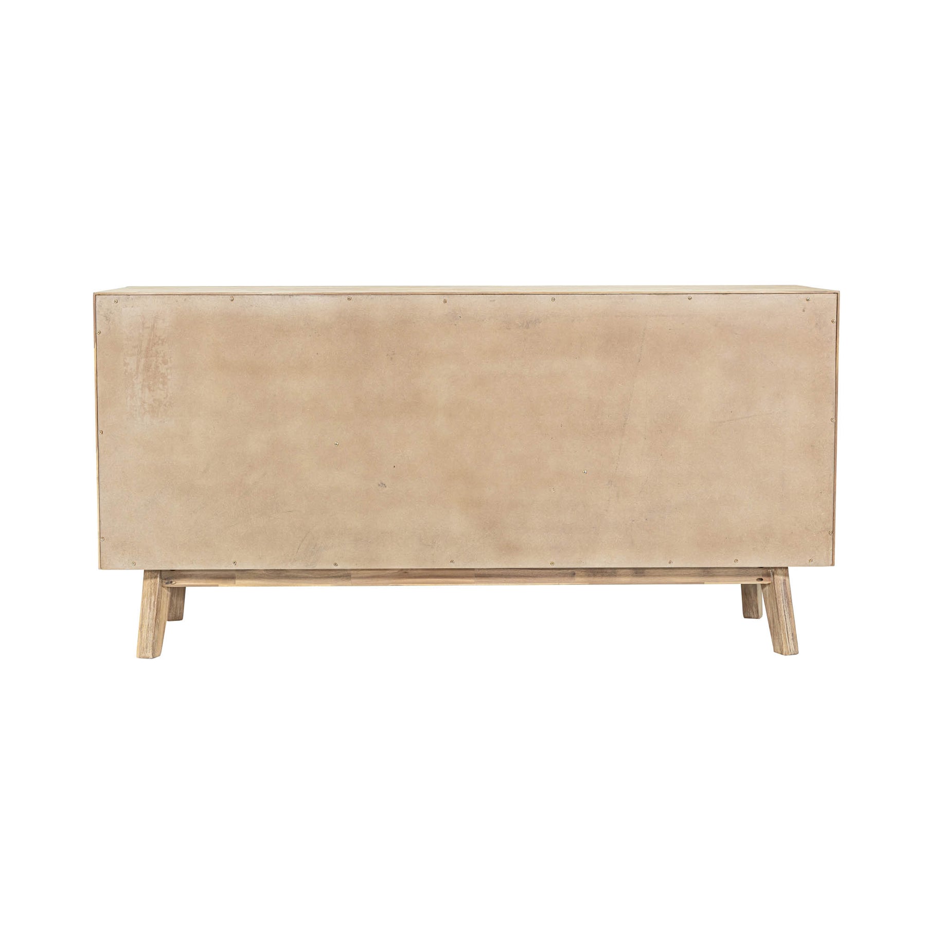Front perspective view of the Gia sideboard featuring natural wood construction with horizontal textured paneling and three top drawers