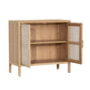 Perspective view with both doors open revealing a spacious natural wood interior with a central fixed shelf