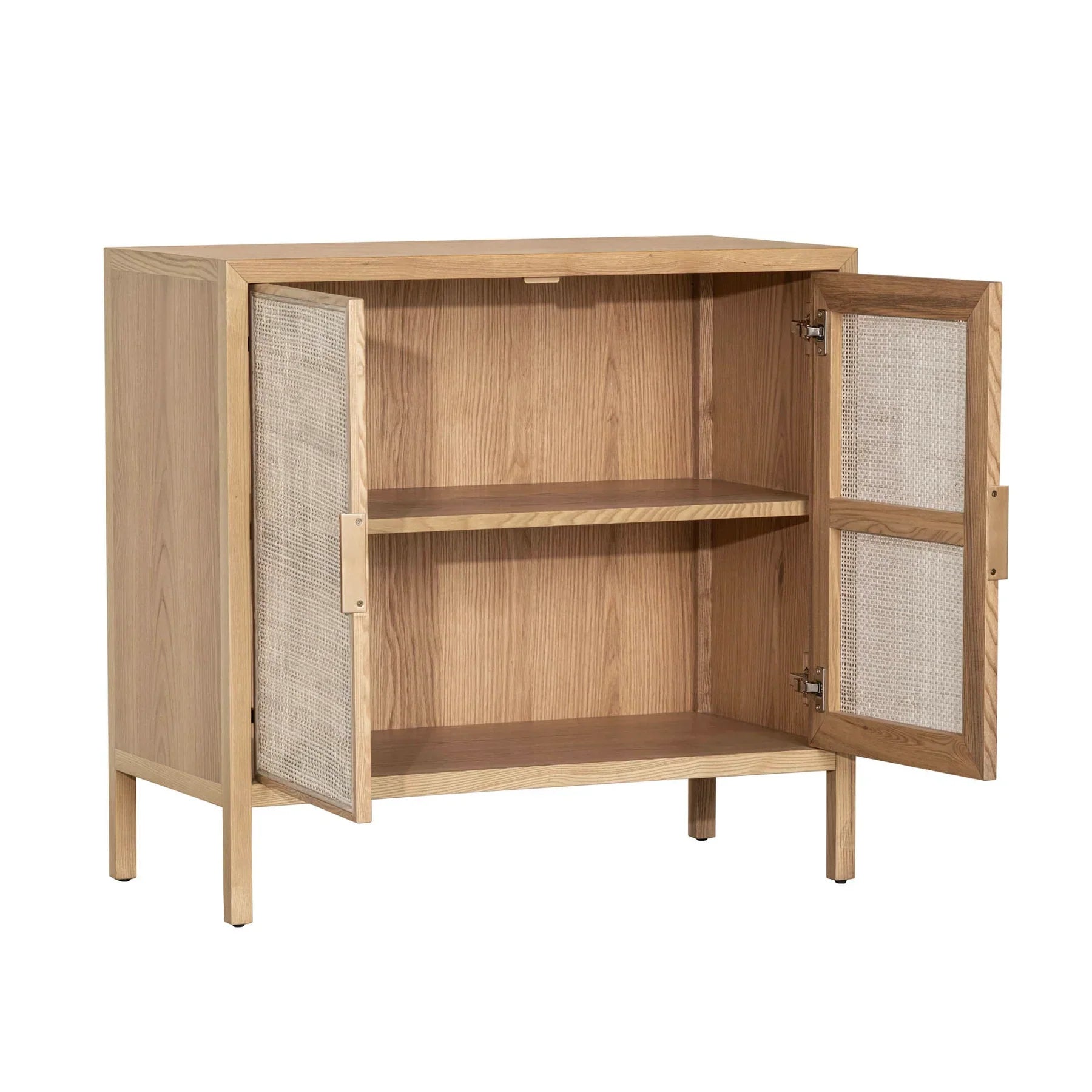 Straight-on front view highlighting the symmetrical woven rattan door inserts and clean wood frame