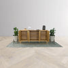 Front perspective view with all four doors open to reveal extensive internal storage and adjustable wooden shelving