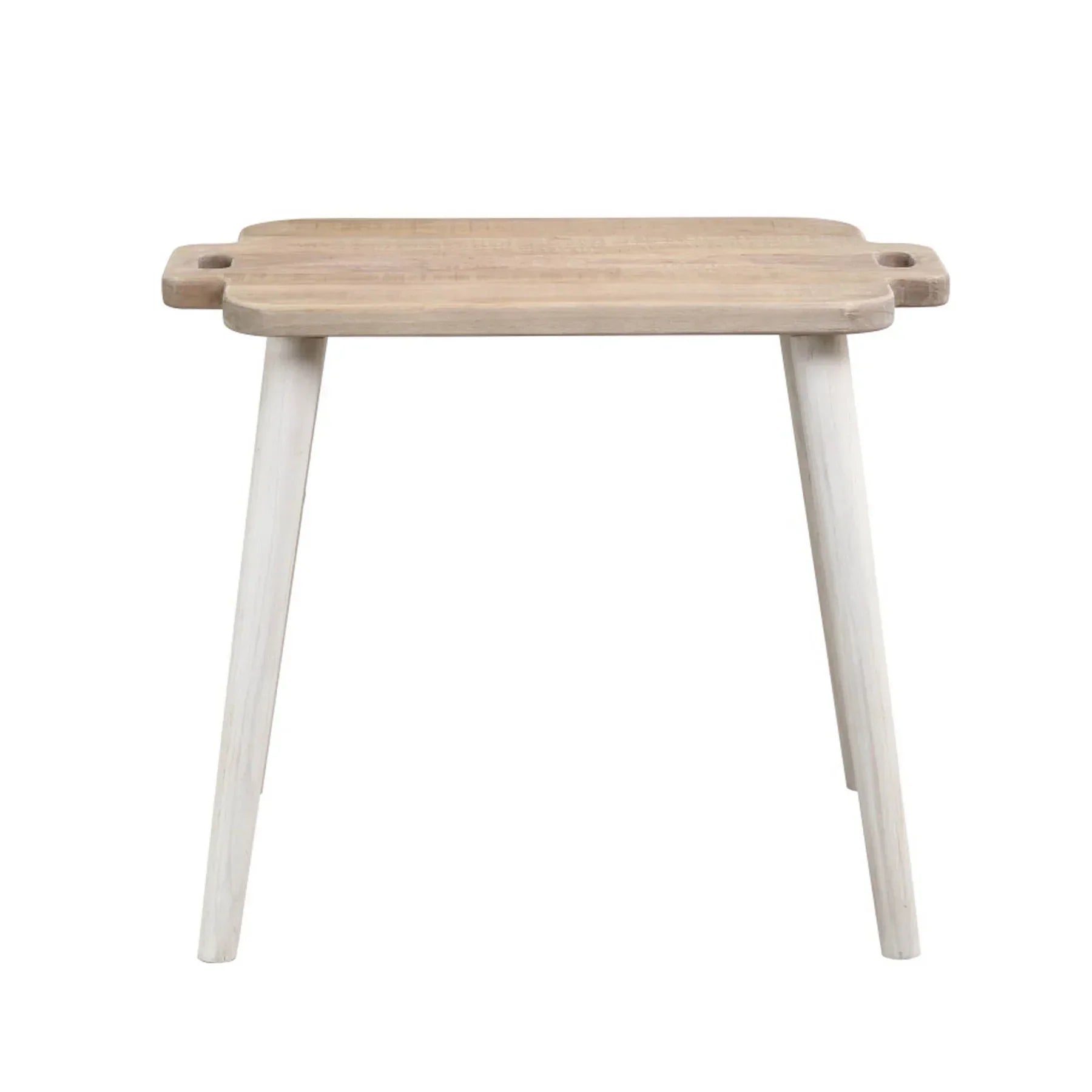 Front perspective view of the Juliet side table featuring a rectangular tray-style top and tapered white-washed legs