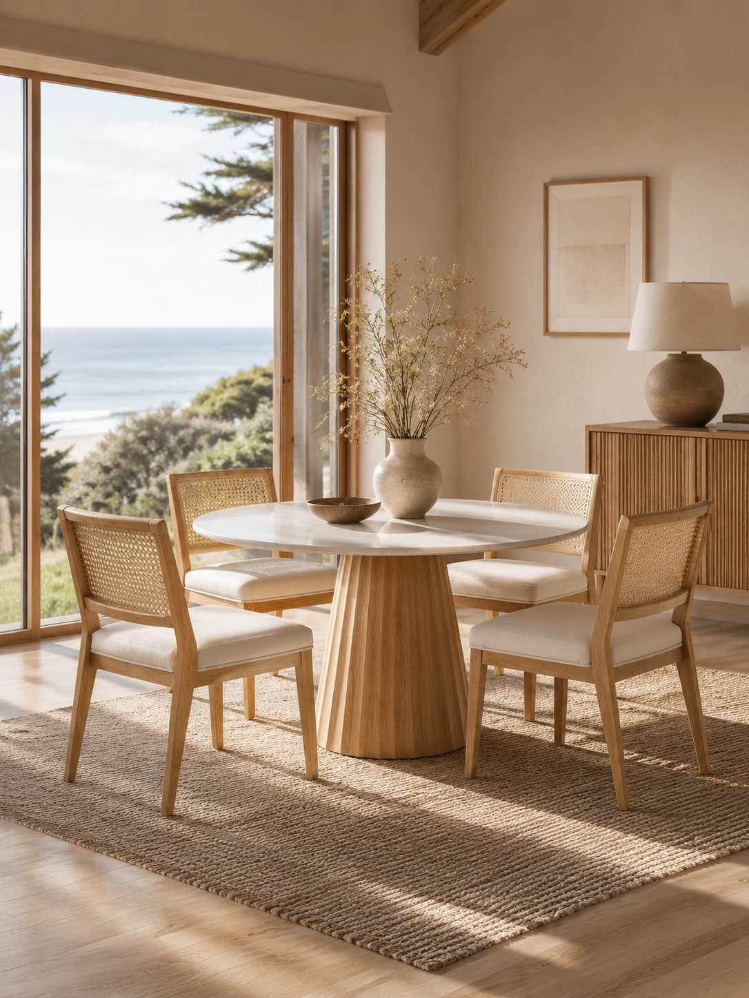 A round dining table featuring a light gray marble top and a fluted, tapered wooden pedestal base in a natural oak finish, shown on a solid white background.