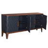Perspective view with cabinet doors open revealing a spacious dark-toned interior with fixed internal storage shelving