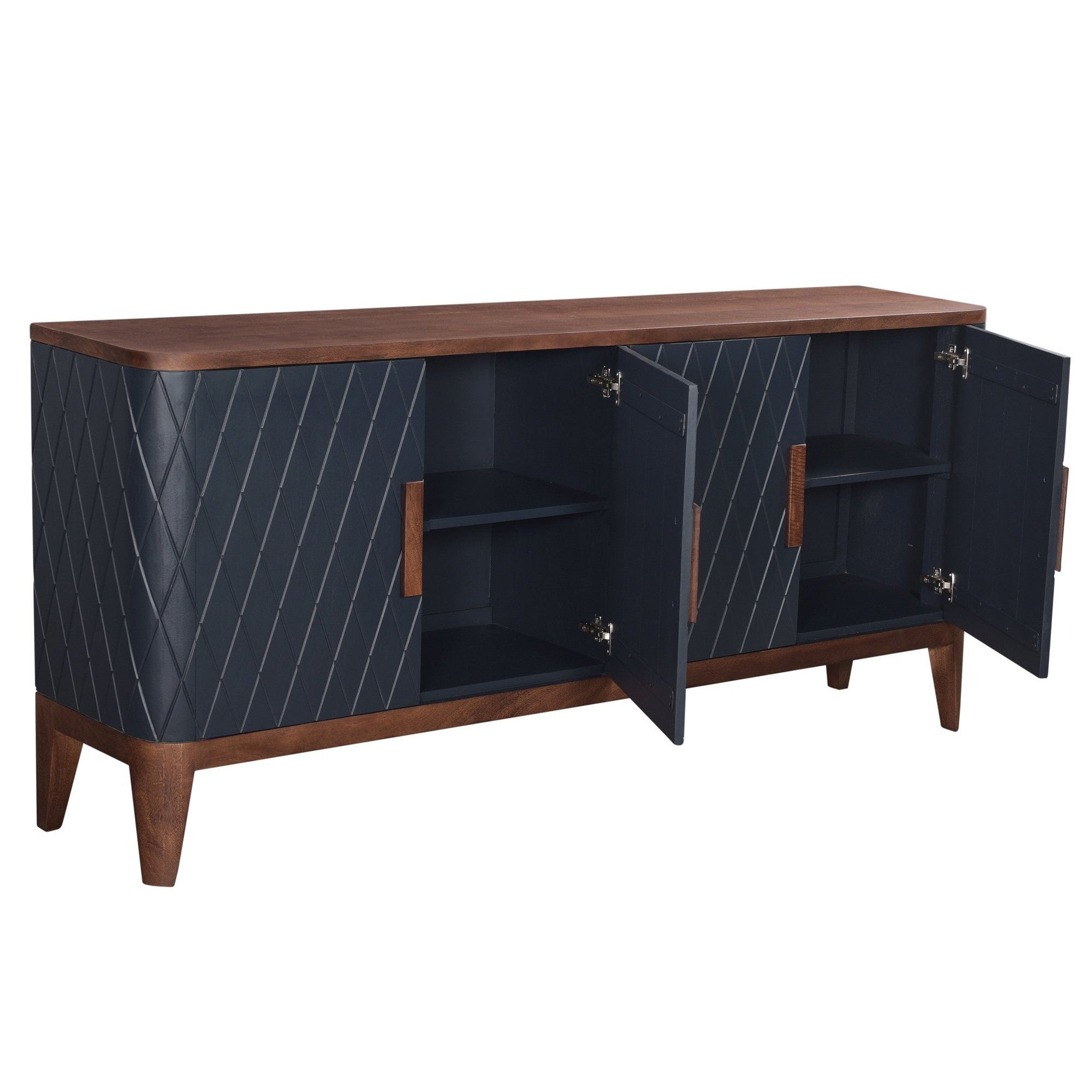 Straight-on front view highlighting the symmetrical diamond texture and the slim, vertical natural wood door pulls