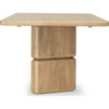 Side profile view focusing on the unique stacked design of the chunky acacia wood pedestal legs