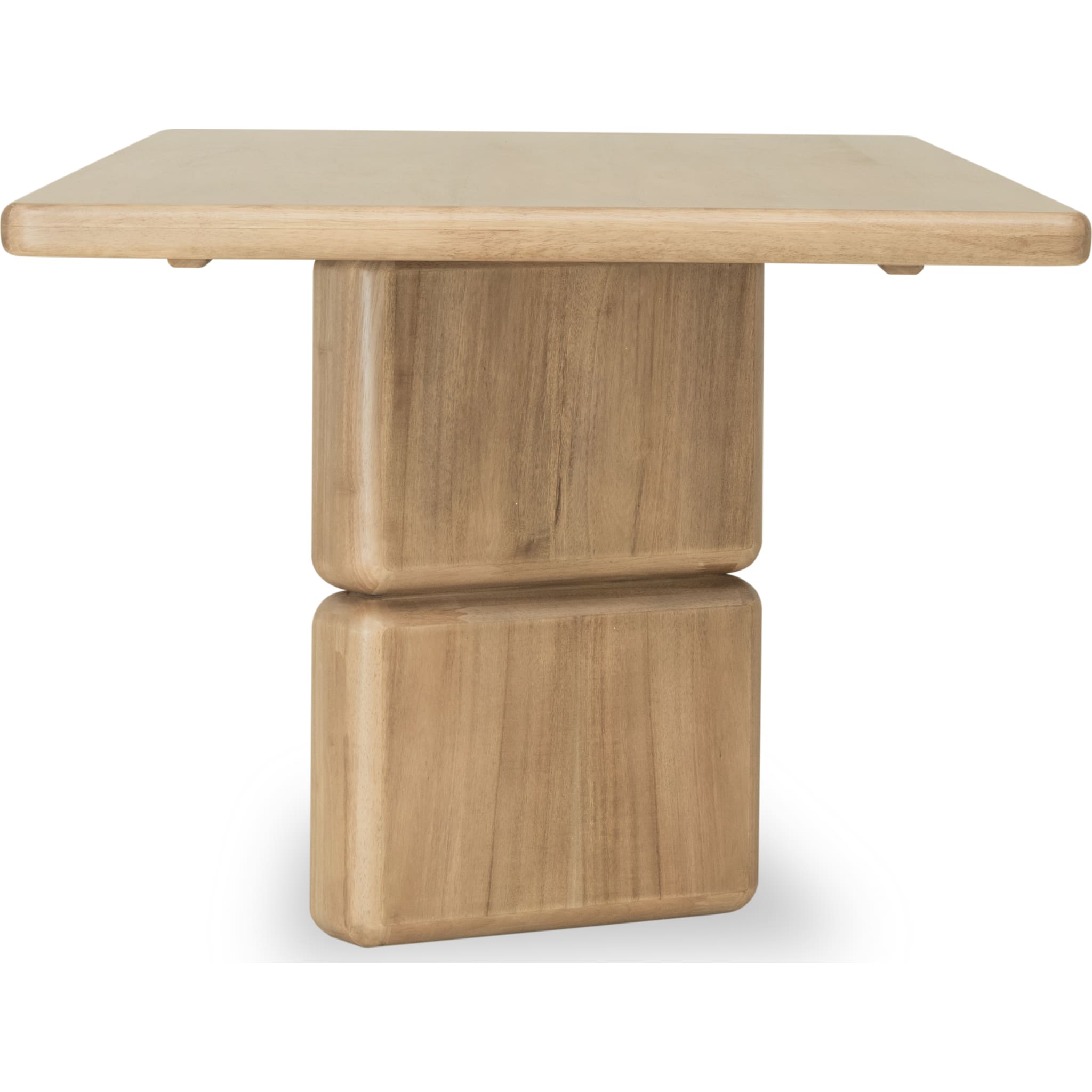 Front view of the Nelly rectangular dining table in a Lioness finish featuring a thick acacia wood top and chunky double pedestal legs
