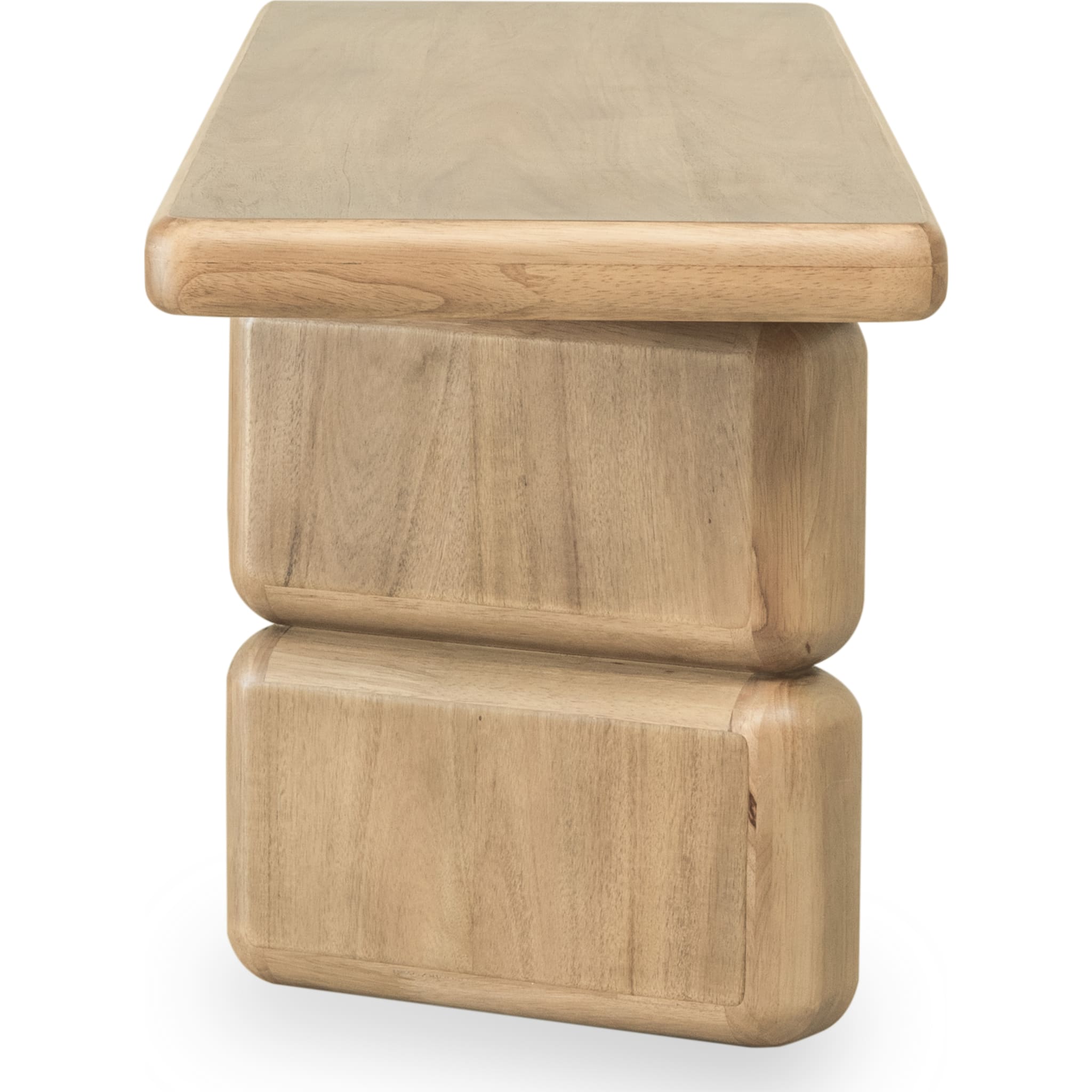 Close-up shot focusing on the high-quality joinery and the distinctive stacked block design of the bench legs