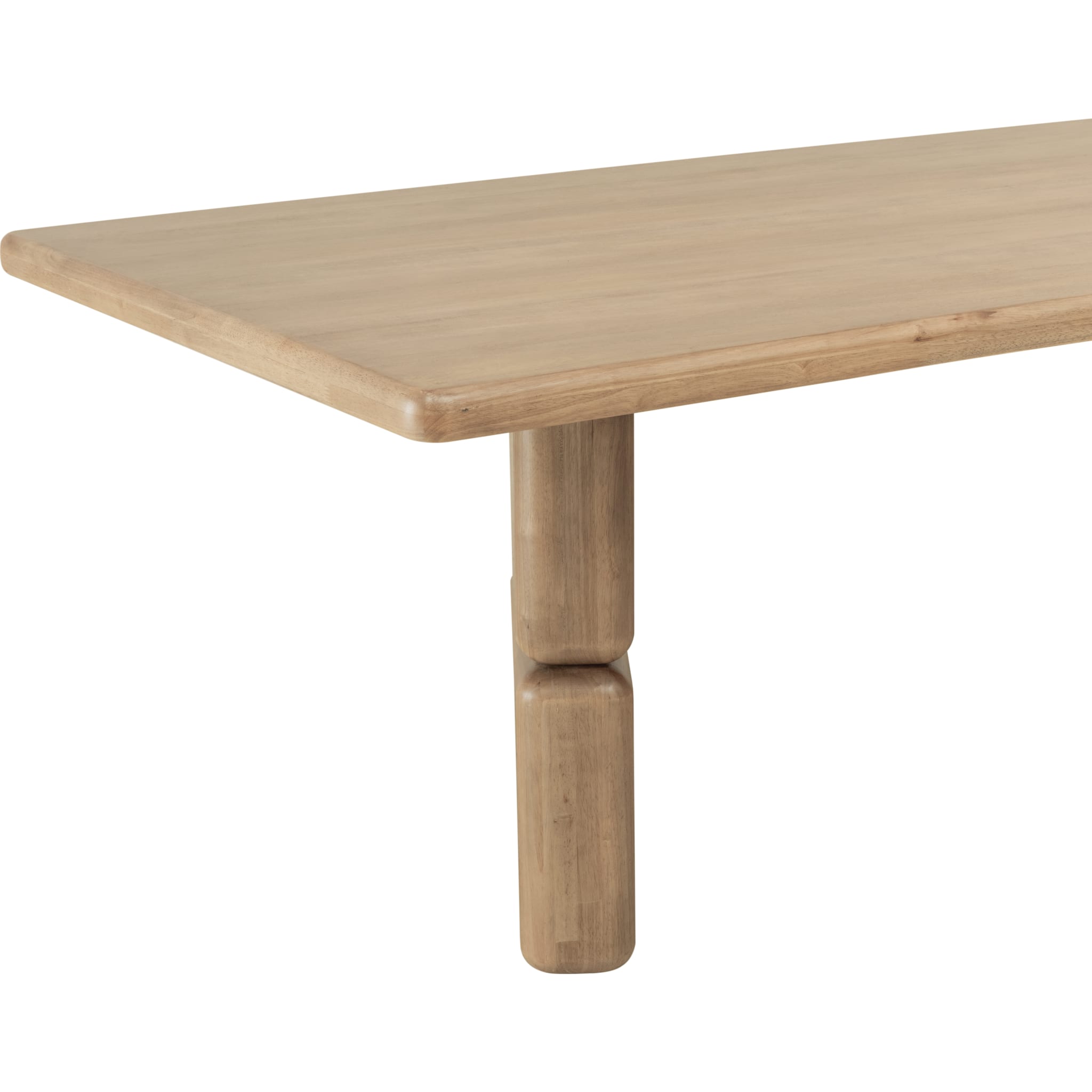 Front view of the Nelly rectangular dining table in a Lioness finish featuring a thick acacia wood top and chunky double pedestal legs