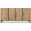 Front perspective view of the Nelly 4-door sideboard featuring a textured lioness finish on solid acacia wood with vertical black metal handles