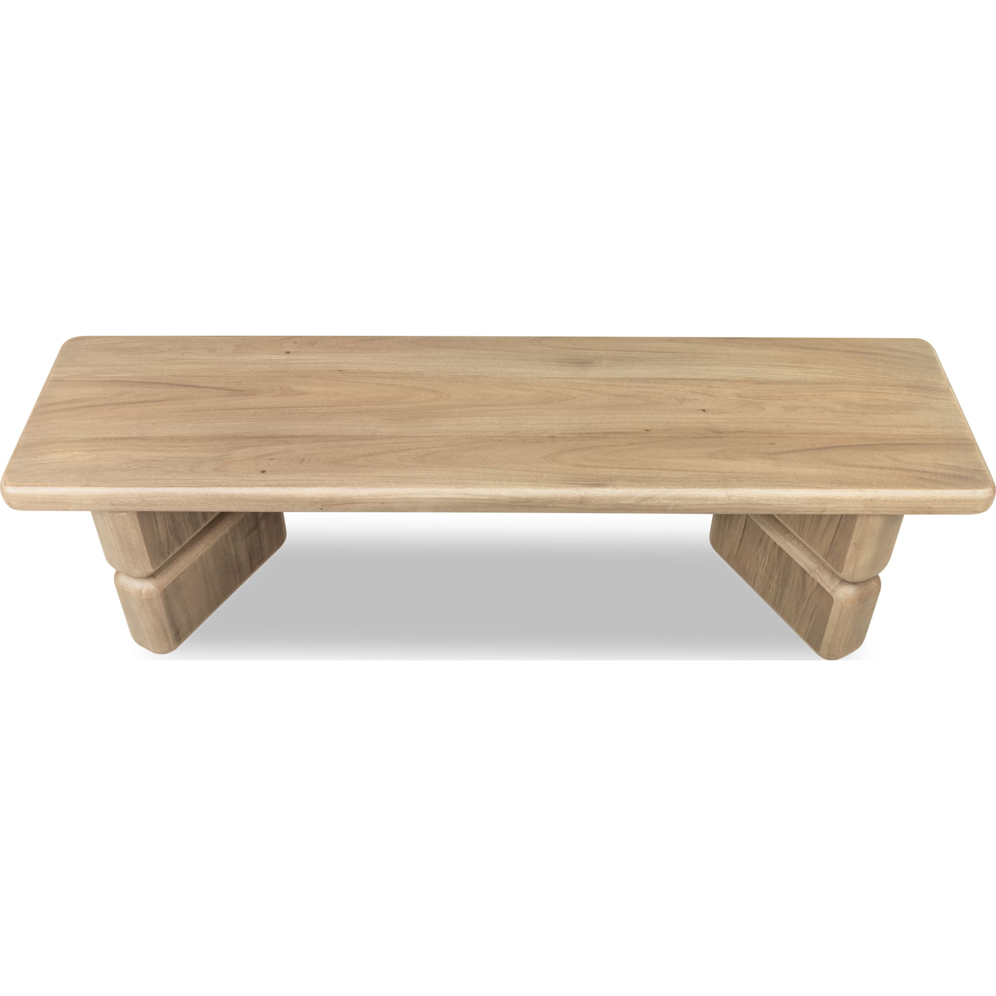 Low-angled front perspective emphasizing the grounded architectural presence of the Nelly bench