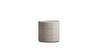 Close-up shot highlighting the meticulous white perimeter stitching and the braided leather loop pull on the side of the nightstand