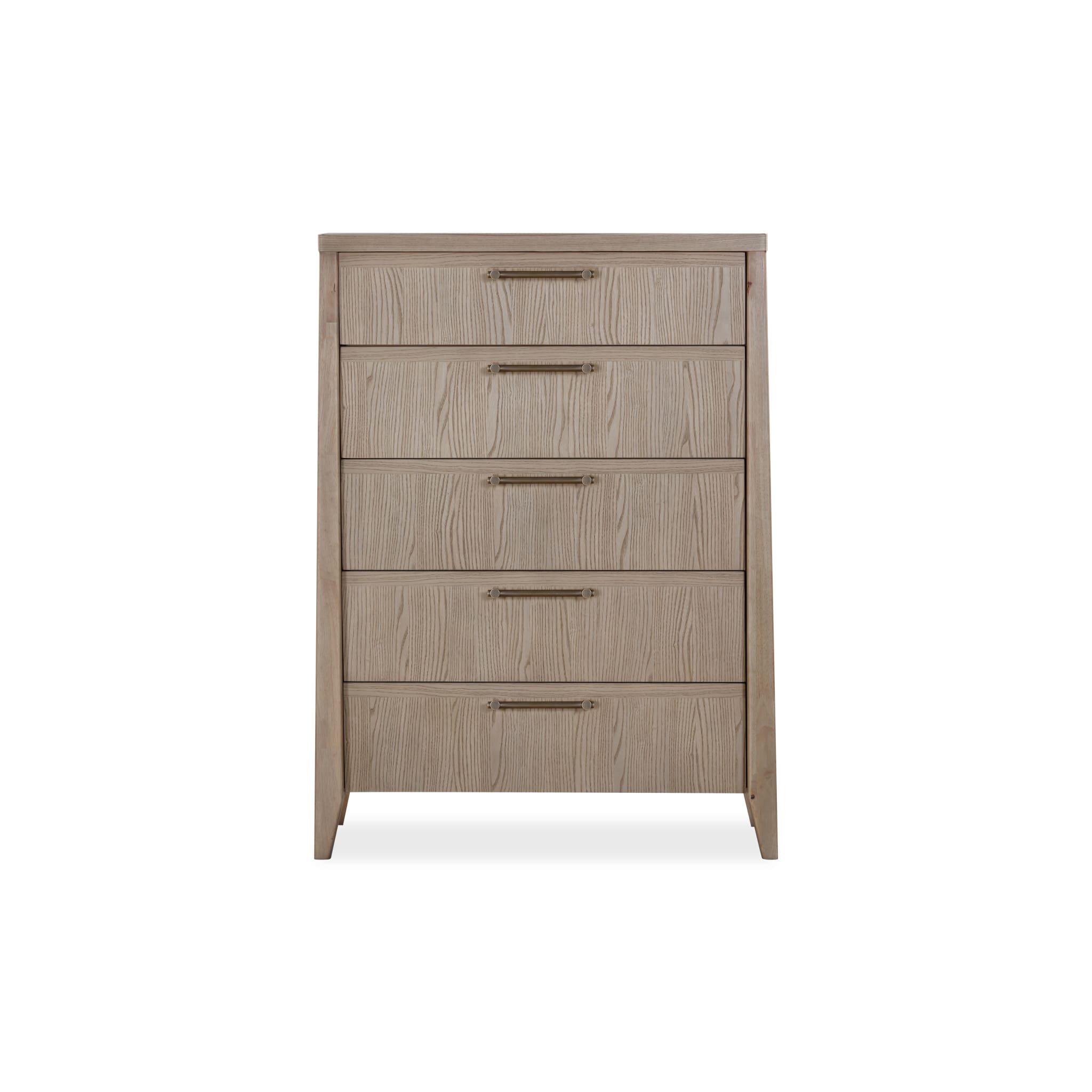 Front view of the Nettie 5-drawer tall chest featuring a ginger ash wood finish with a subtle wavy grain texture and slim horizontal metal handles