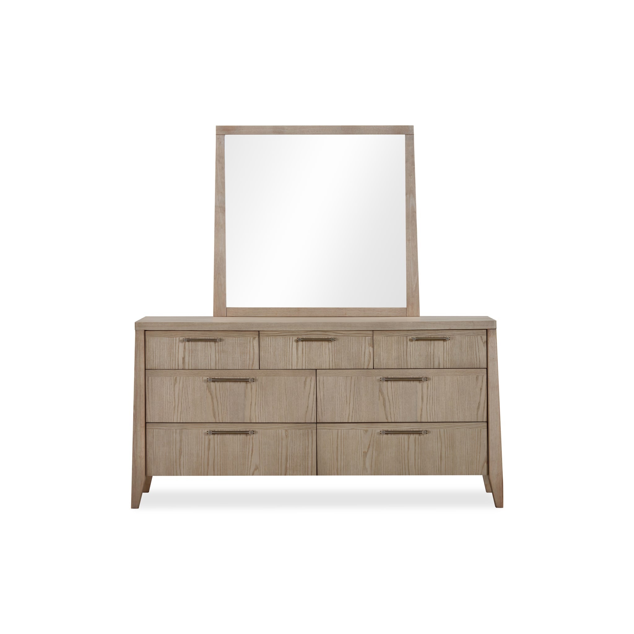 Front view of the Nettie 7-drawer double dresser featuring a ginger ash wood finish, a wavy textured facade, and a coordinating landscape mirror
