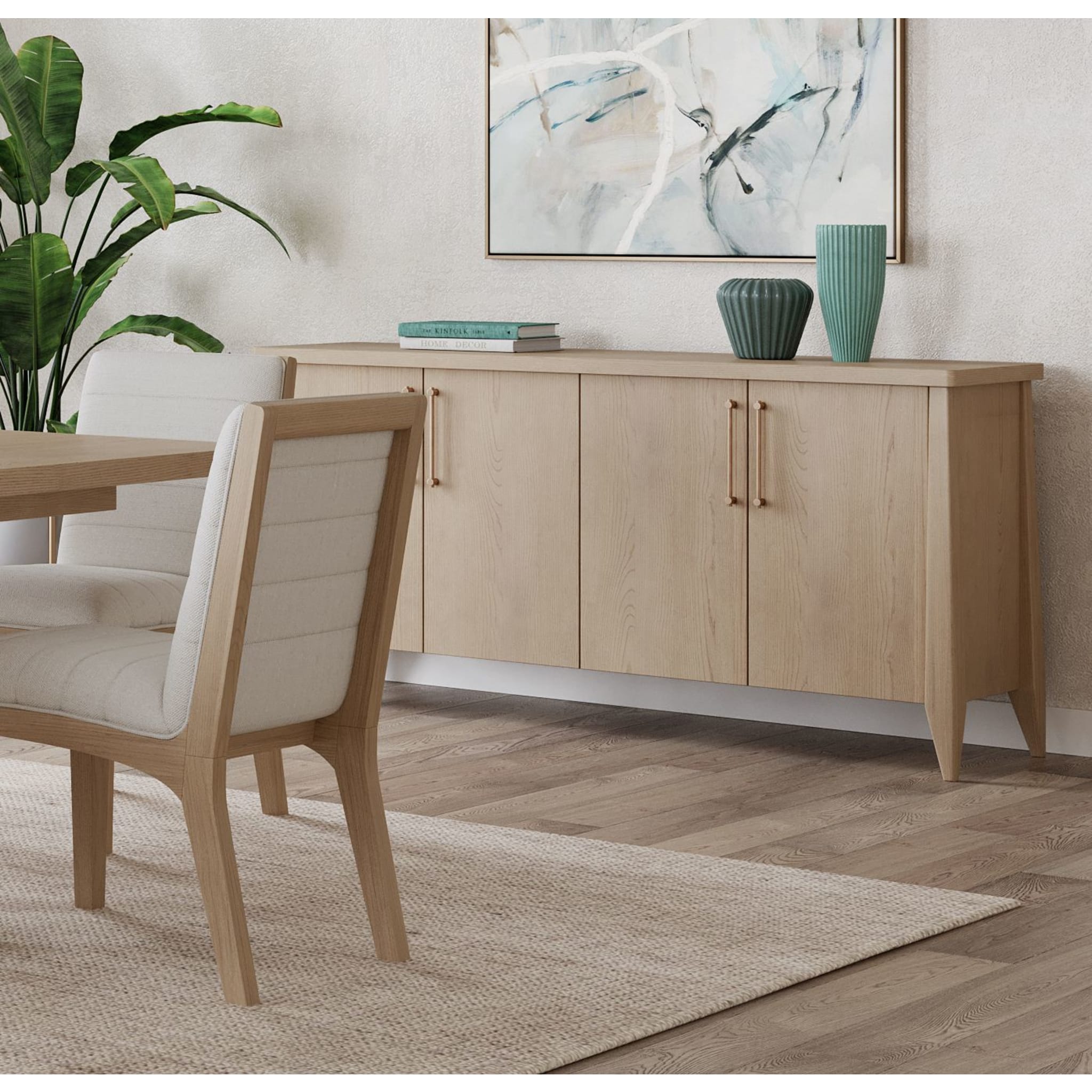 Nettie ash sideboard styled in a modern dining room with matching furniture