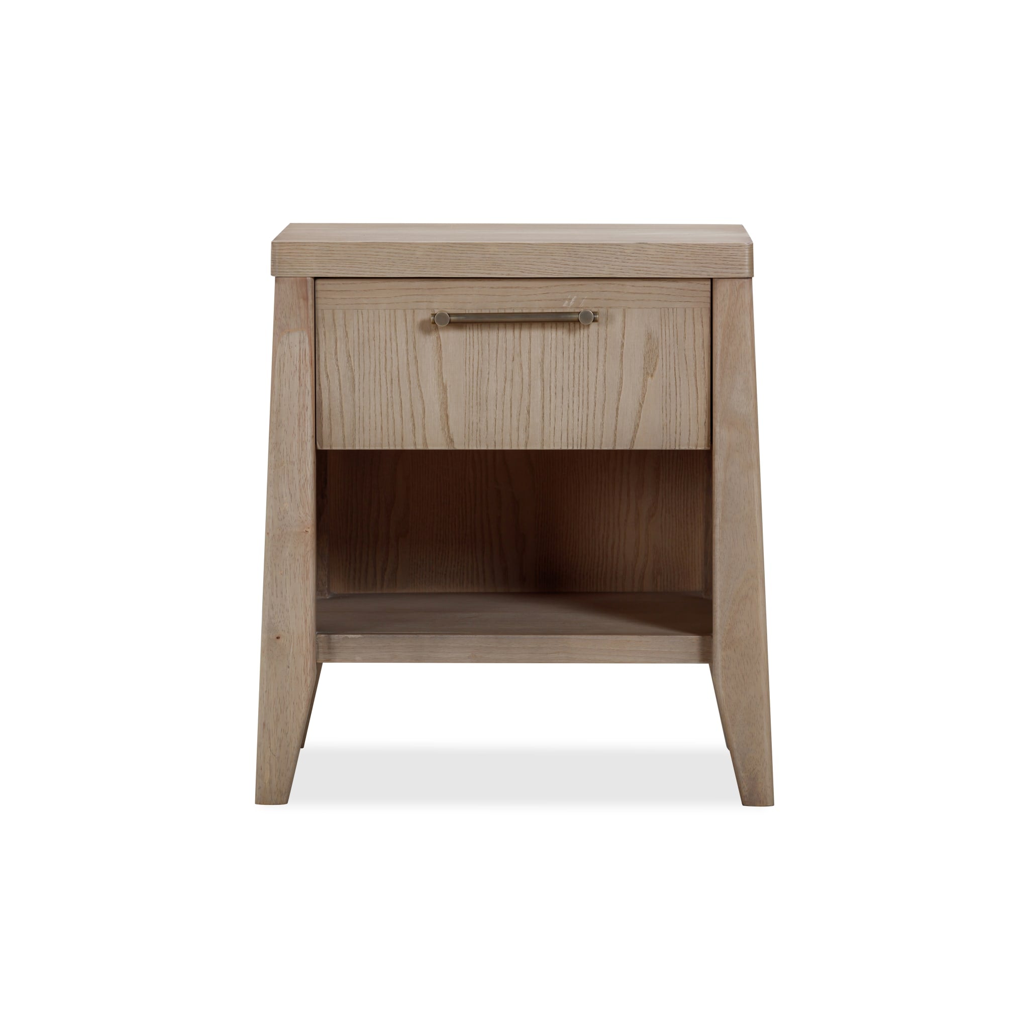 Front view of the Nettie nightstand featuring a warm ginger ash wood finish, a single drawer, and a lower open storage shelf
