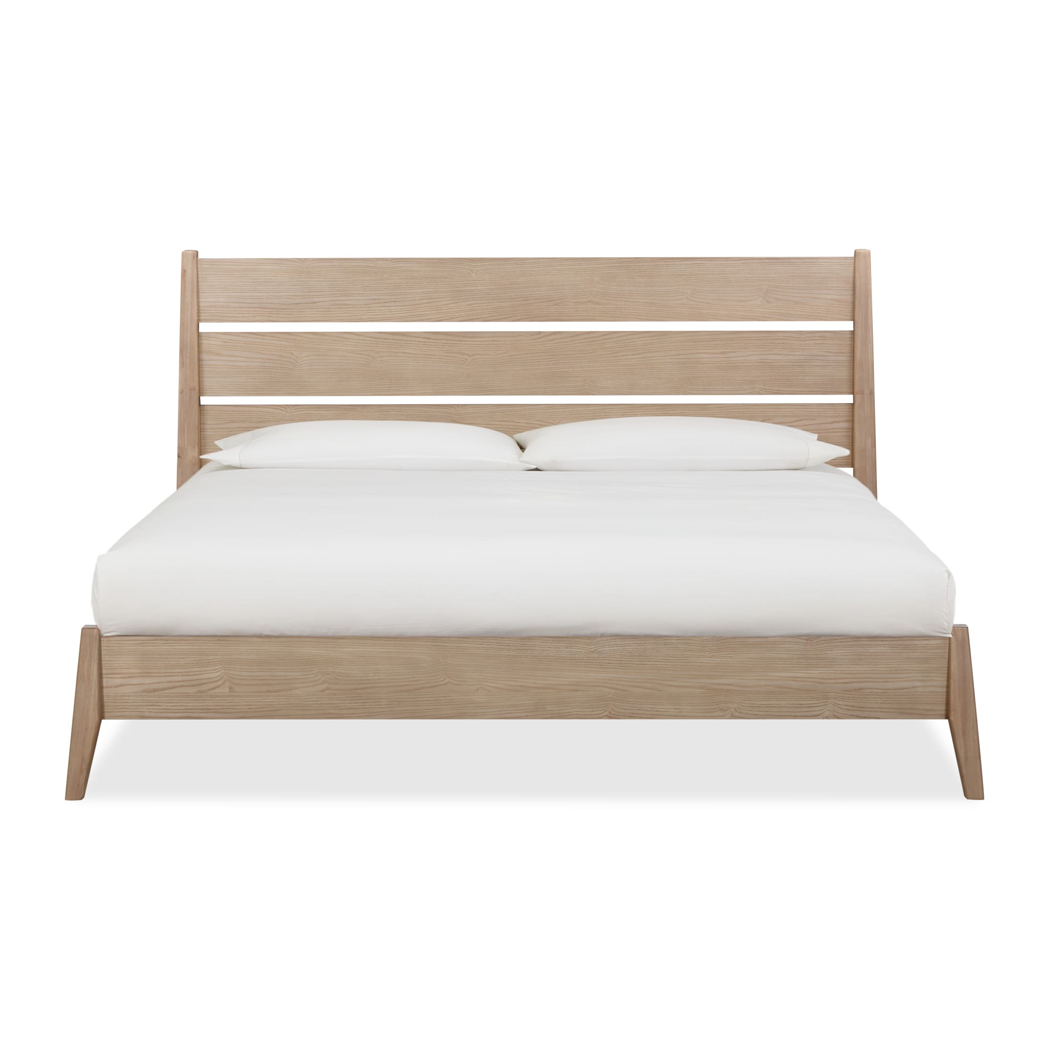 Front view of the Nettie platform bed featuring a warm ginger ash wood finish and a minimalist horizontal slatted headboard