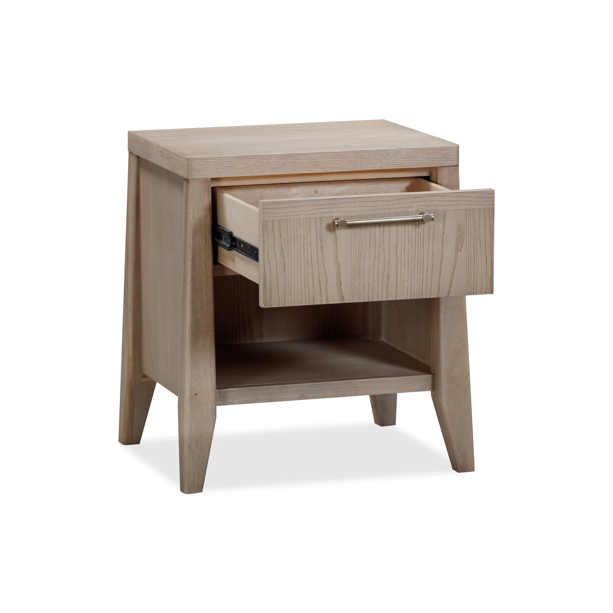Front view of the Nettie nightstand featuring a warm ginger ash wood finish, a single drawer, and a lower open storage shelf