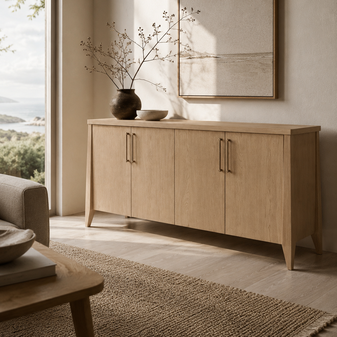 Nettie four door ash wood sideboard in ginger finish with slim vertical handles
