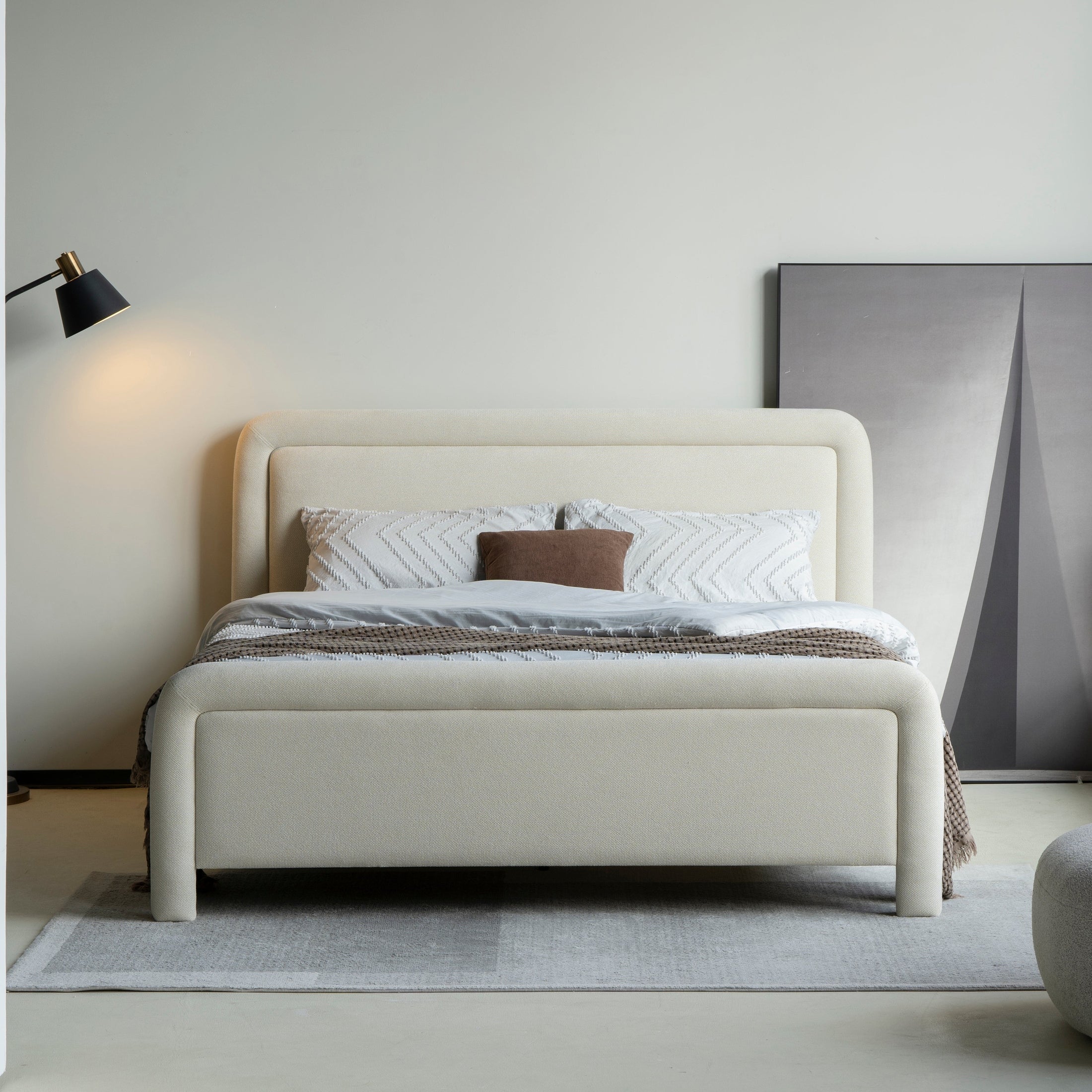 Final lifestyle perspective highlighting the bed as a soft architectural focal point in a clean minimalist master suite