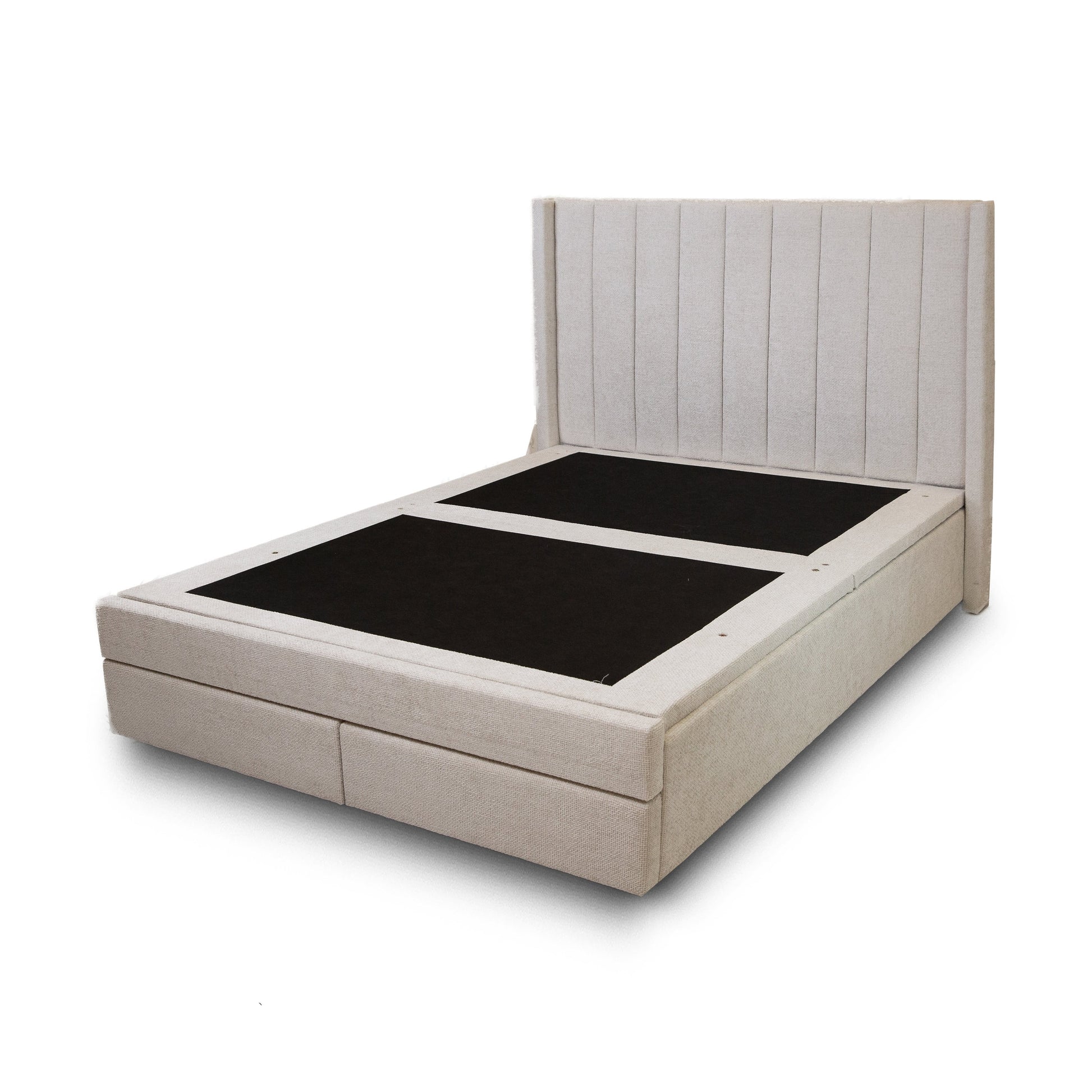 Front view of the Norell storage bed featuring a neutral woven fabric finish and a vertical channel tufted headboard