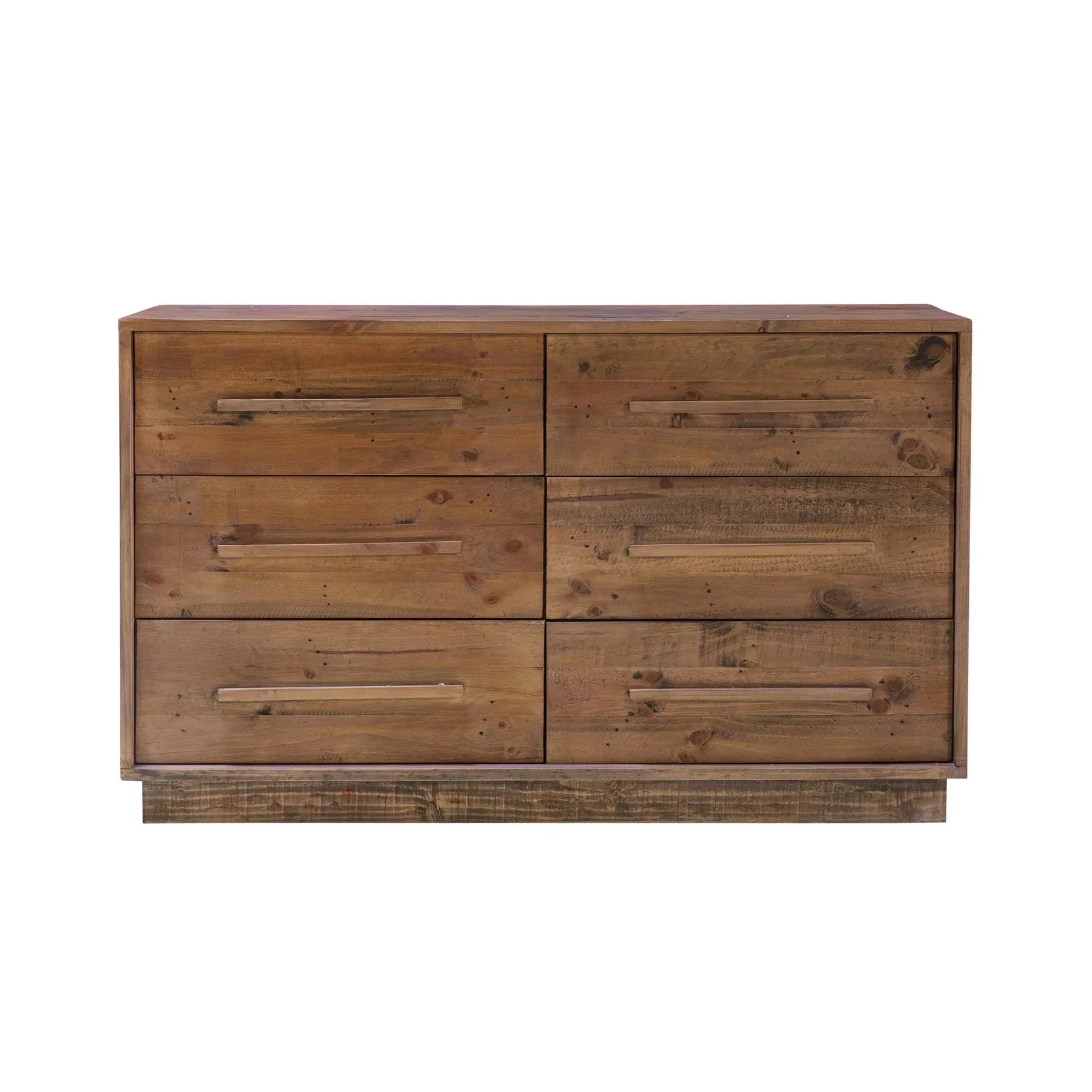Front view of the Nevada 6-drawer double dresser featuring a rugged dark driftwood finish with natural wood knots and horizontal planked detailing