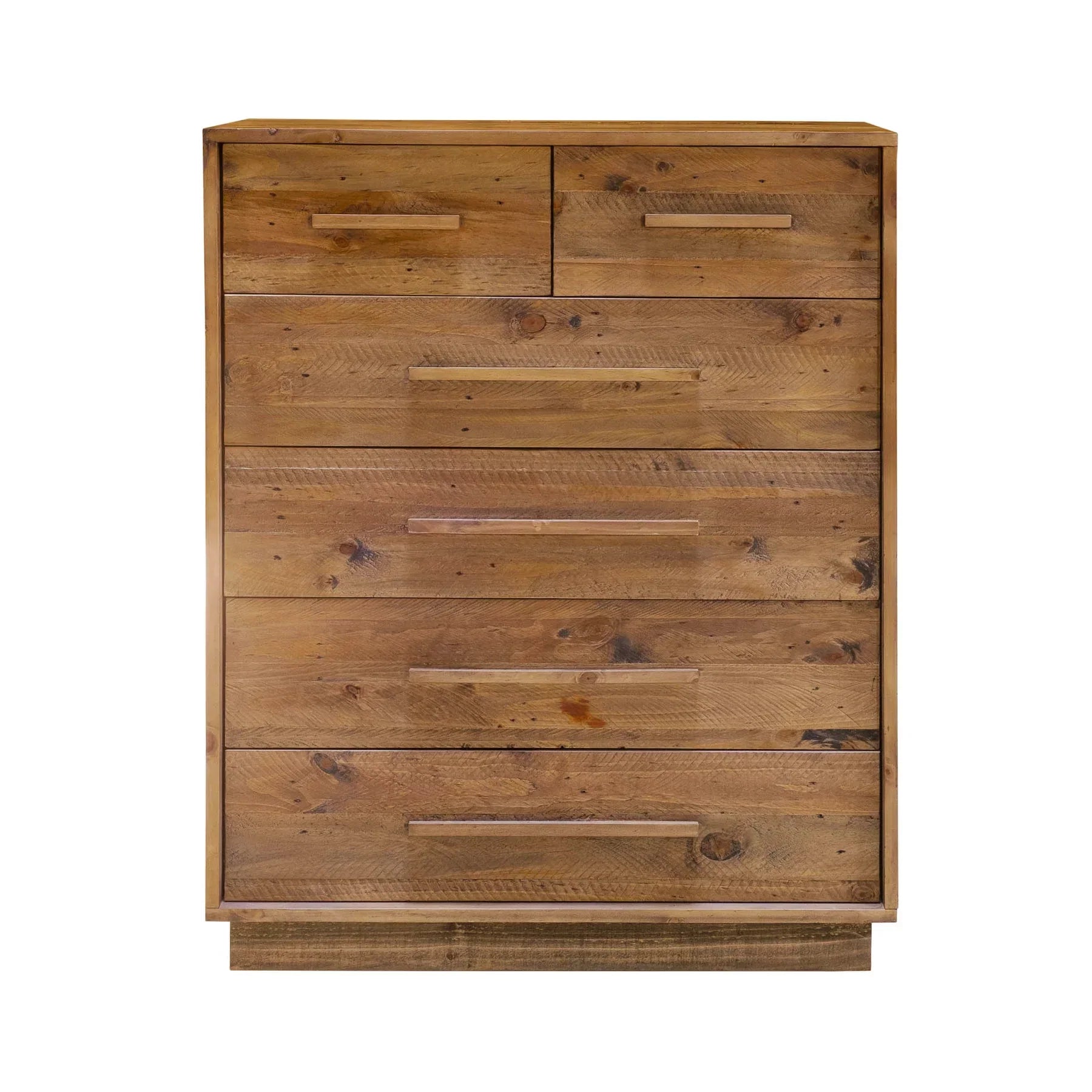Front view of the Nevada 6-drawer vertical chest featuring a rugged dark driftwood finish with natural wood knots and horizontal planked detailing