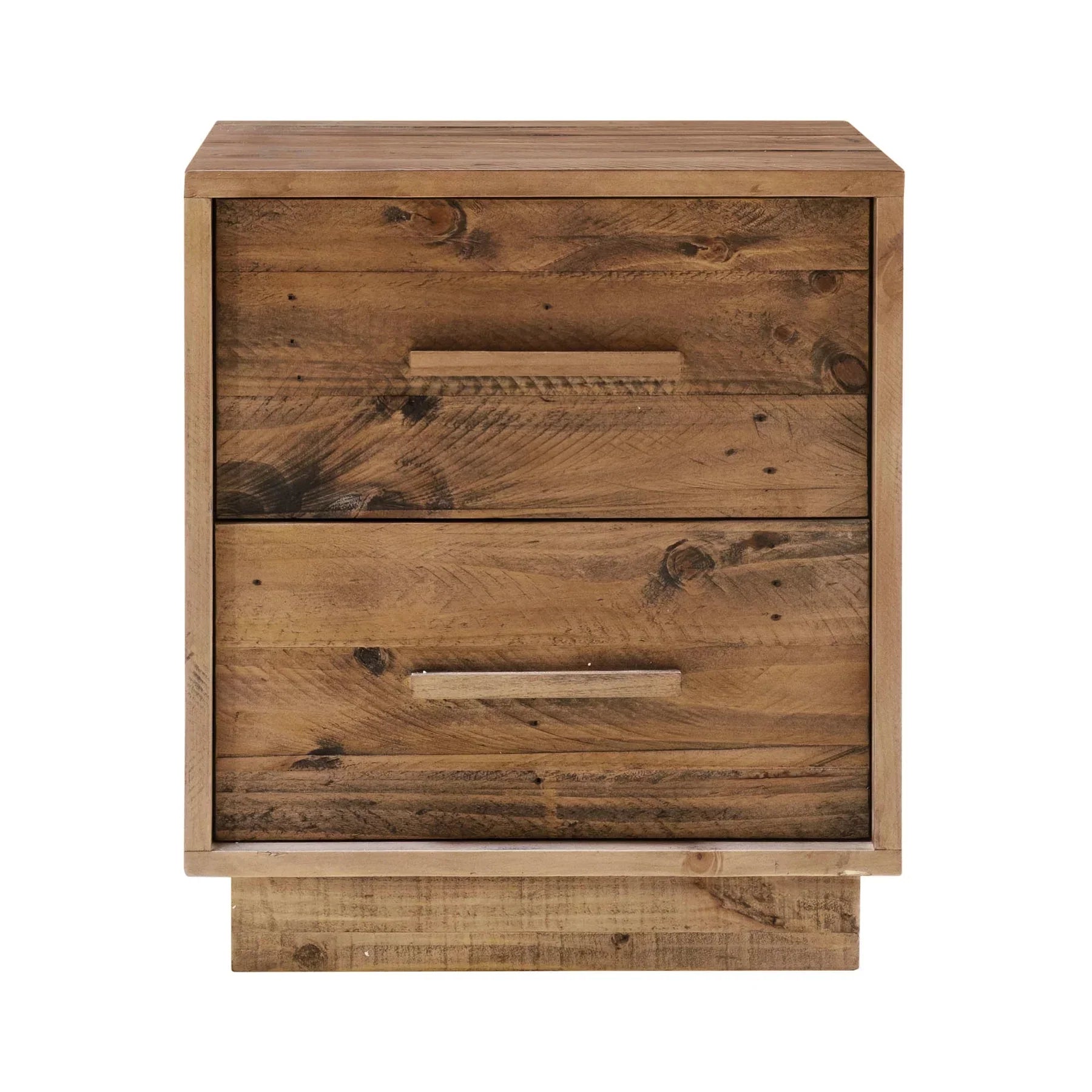 Front view of the Nevada nightstand featuring a textured dark driftwood finish and two spacious drawers with minimalist wood handles