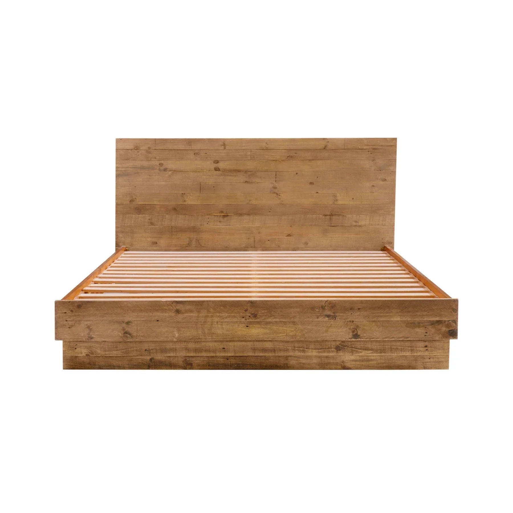 Front view of the Nevada king platform bed featuring a rich dark driftwood finish and a tall solid wood plank headboard