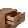 Perspective view with the top drawer open showcasing the high-quality wood construction and smooth black metal glides