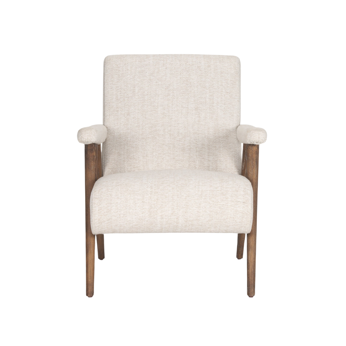 Front view of the Nico Accent Chair featuring oatmeal-colored textured fabric and dark-stained tapered wood legs