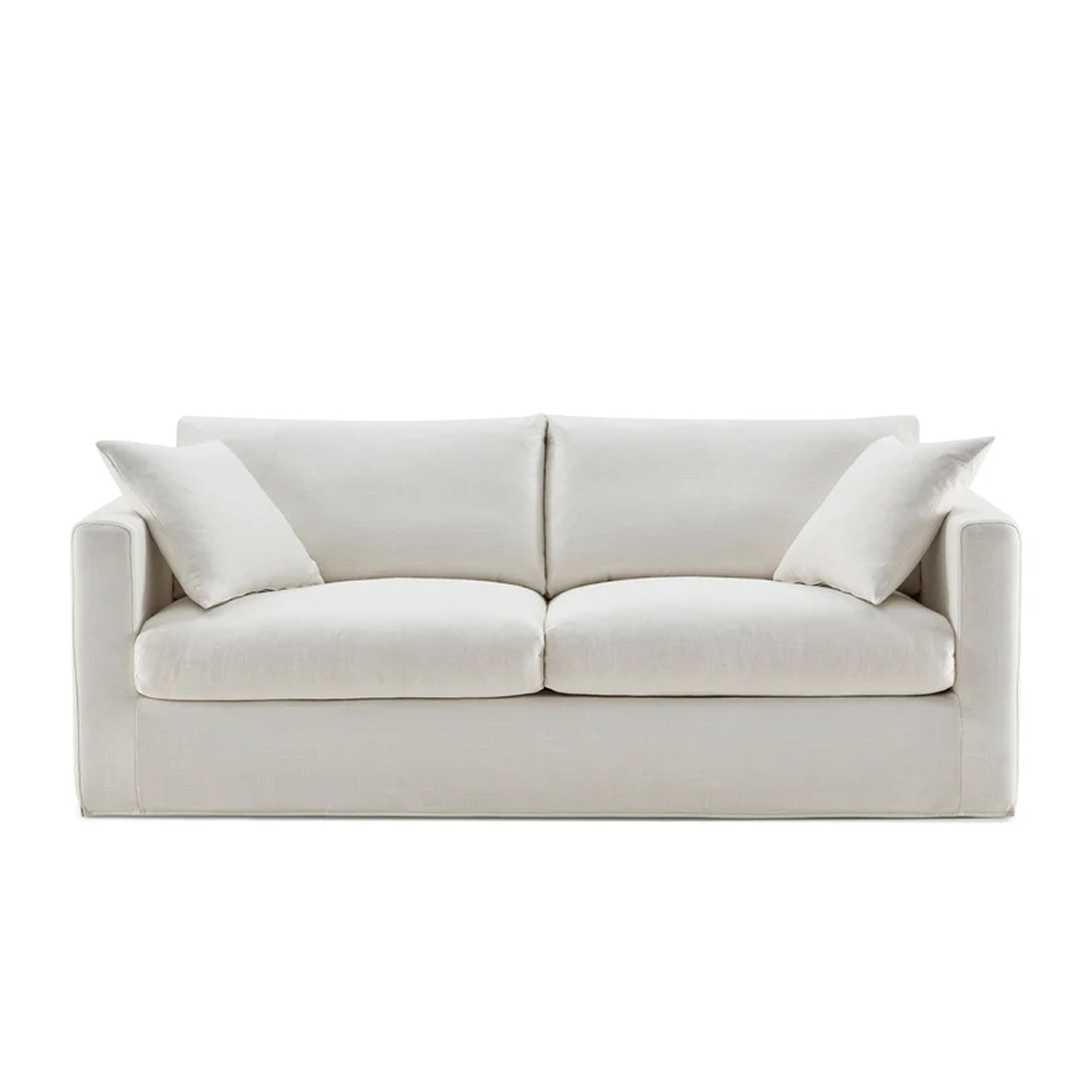 Niels sofa front view in light fabric with modern sleek design and plush cushions