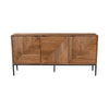 Front view of the Nikita sideboard featuring a warm wood finish with intricate chevron-patterned ribbed door panels and slim black metal legs