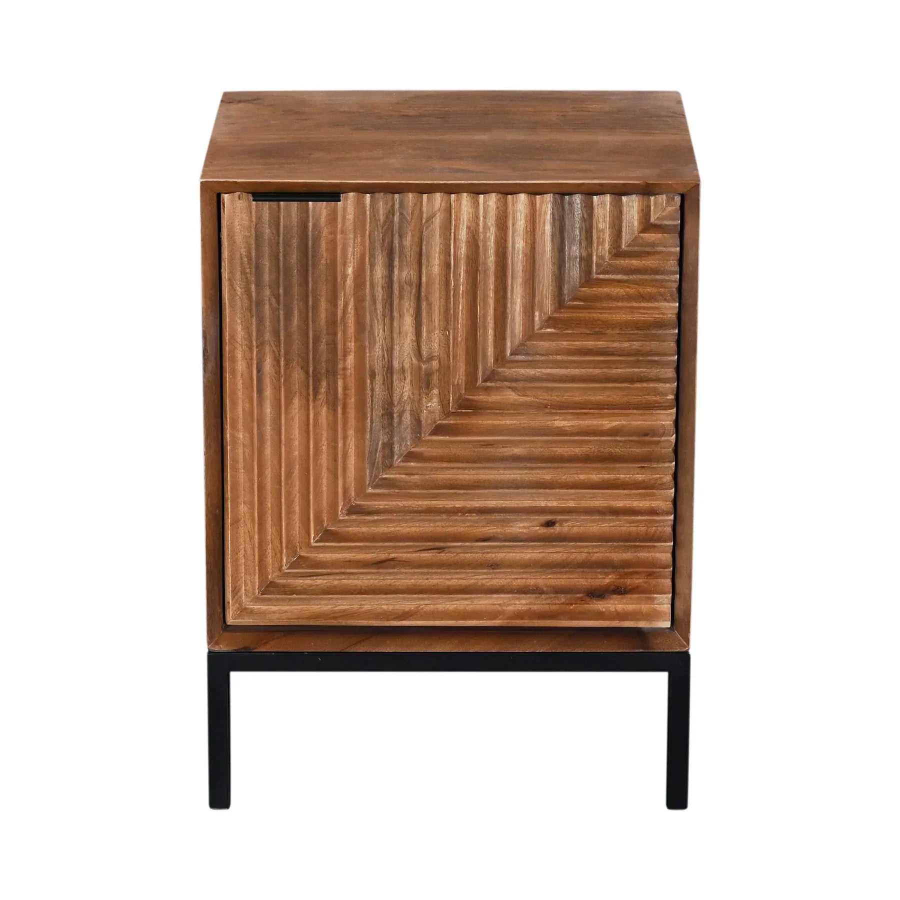 Front view of the Nikita nightstand featuring a geometric hand-carved wood door design and a minimalist black metal frame base