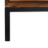 Close-up view of the sleek black metal tab handle integrated into the top of the hand-carved cabinet door