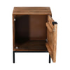 Perspective view with the hand-carved door open showcasing the spacious natural wood internal storage compartment
