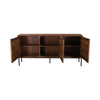 Front view with all doors open to reveal a spacious natural wood interior with central adjustable shelving