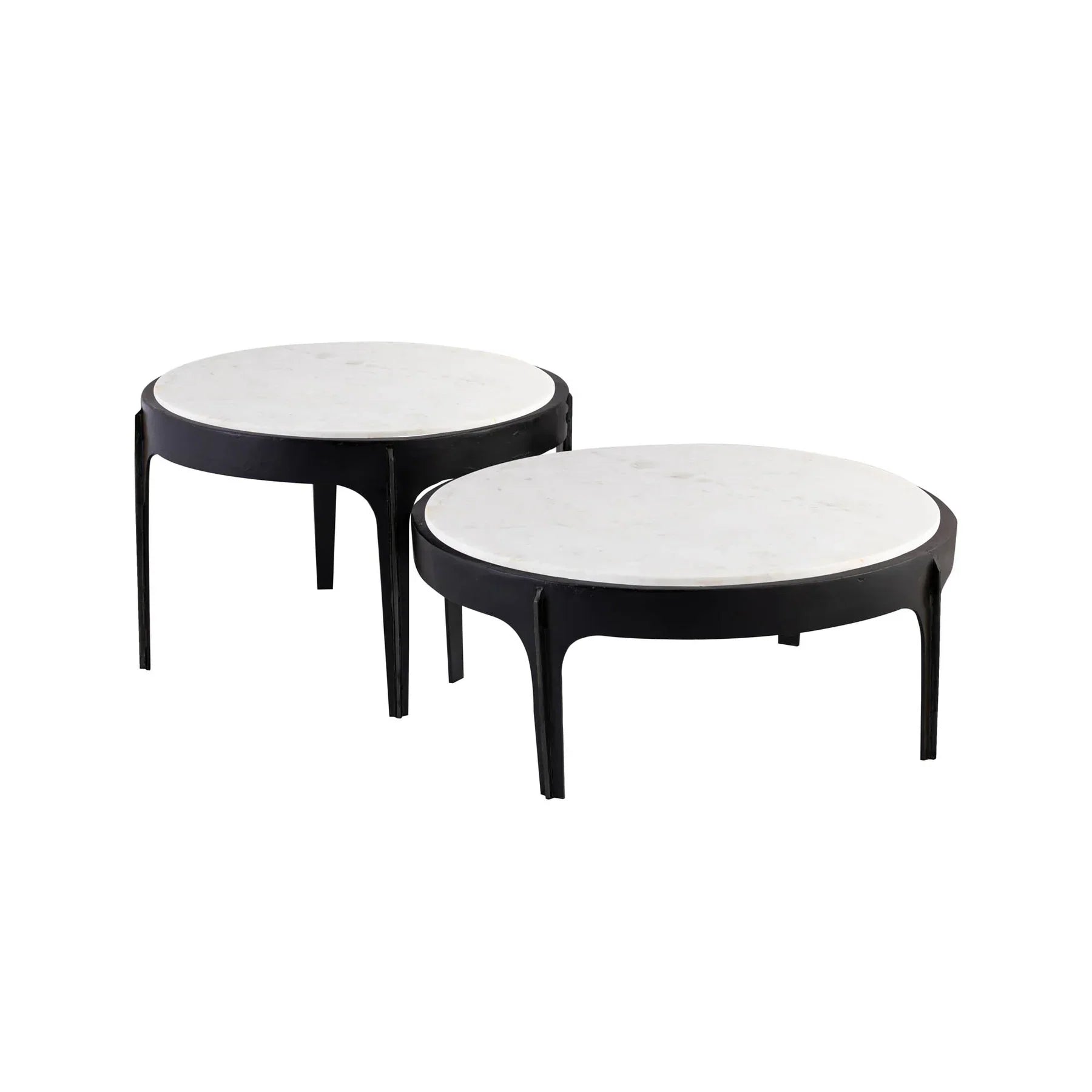 Front view of the Nila coffee table featuring a circular white marble top inset within a minimalist black wood frame