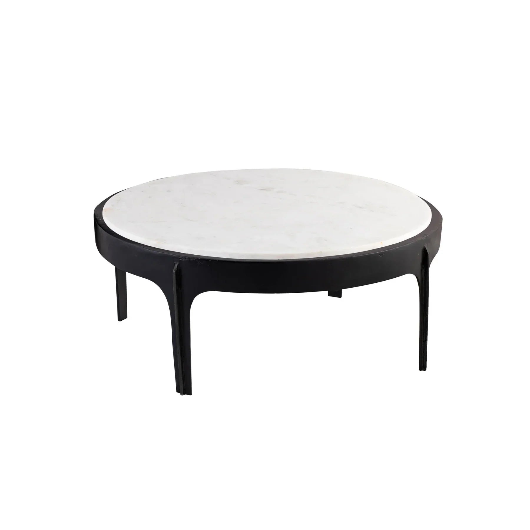 Front view of the Nila coffee table featuring a circular white marble top inset within a minimalist black wood frame