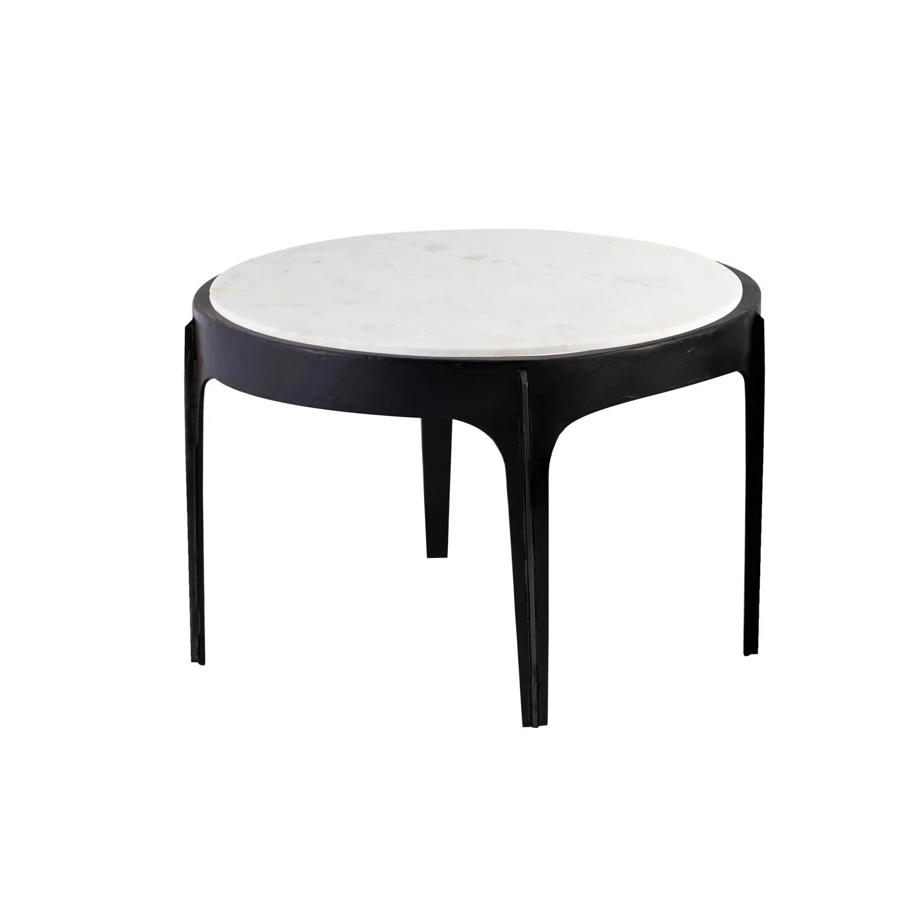 Front view of the Nila coffee table featuring a thick circular white marble top supported by a minimalist four-legged black metal base