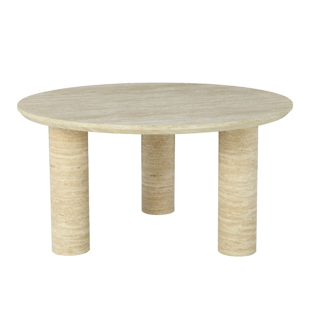 Alternative angled shot showcasing the organic pitted texture and consistent cream tone of the travertine pedestal legs