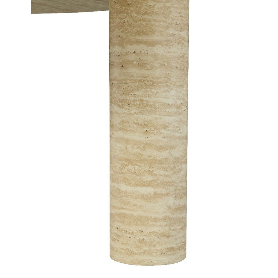 Macro detail view of a single cylindrical pedestal leg highlighting the natural porous texture of the cream travertine