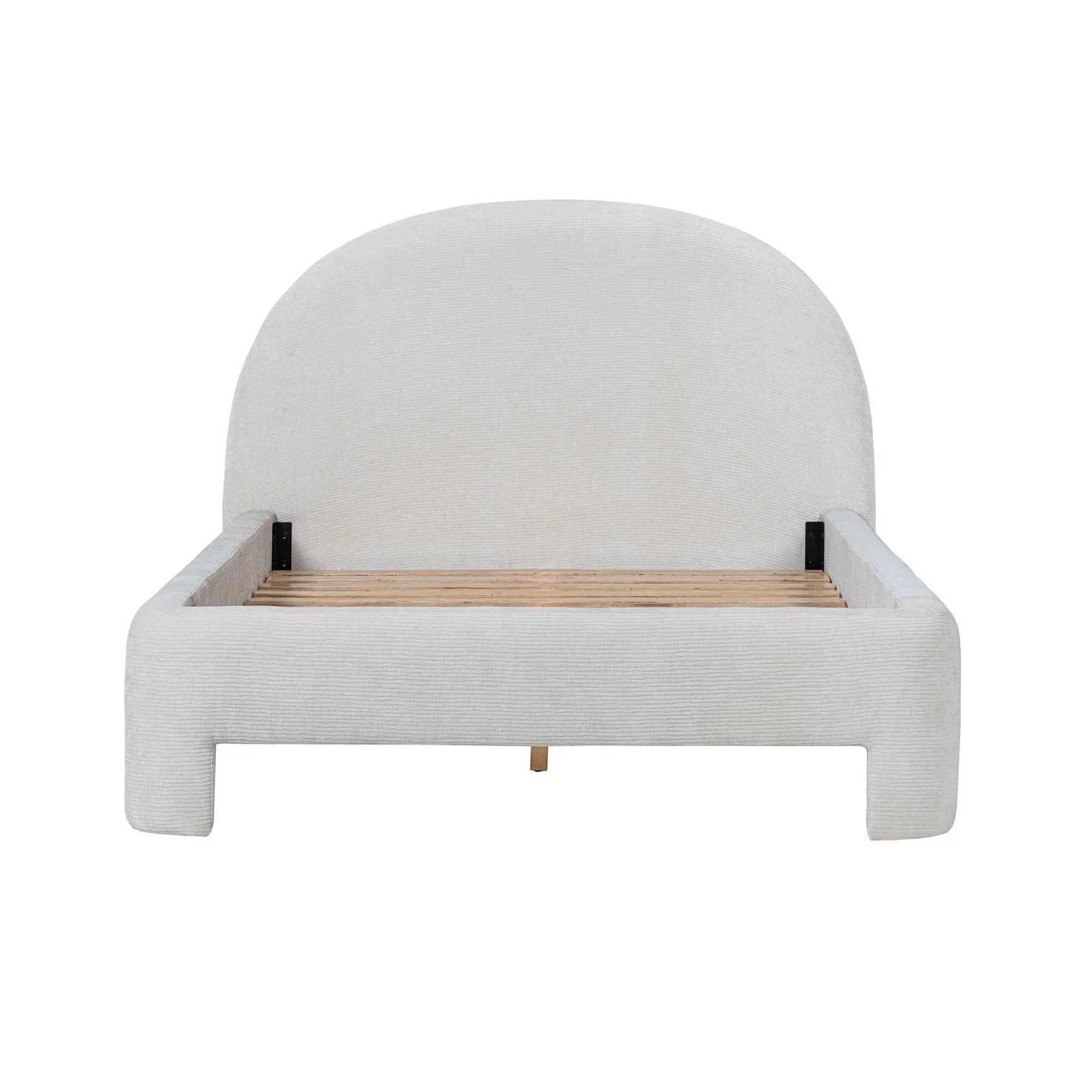 Front view of the Nina platform bed featuring a tall arched headboard and a thick, textured cream bouclé frame