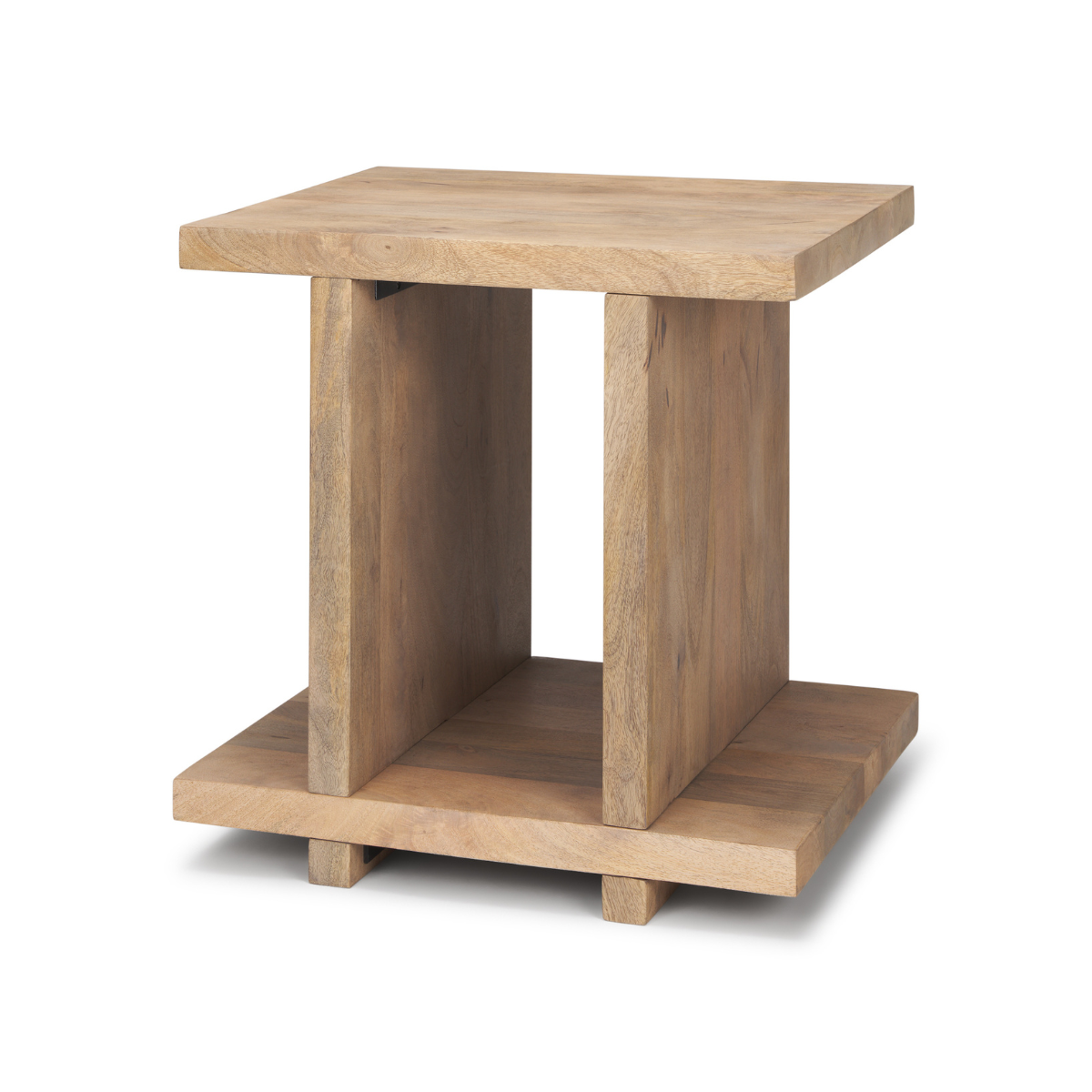 Straight-on front view highlighting the architectural H-frame silhouette and symmetrical design of the light brown wood table