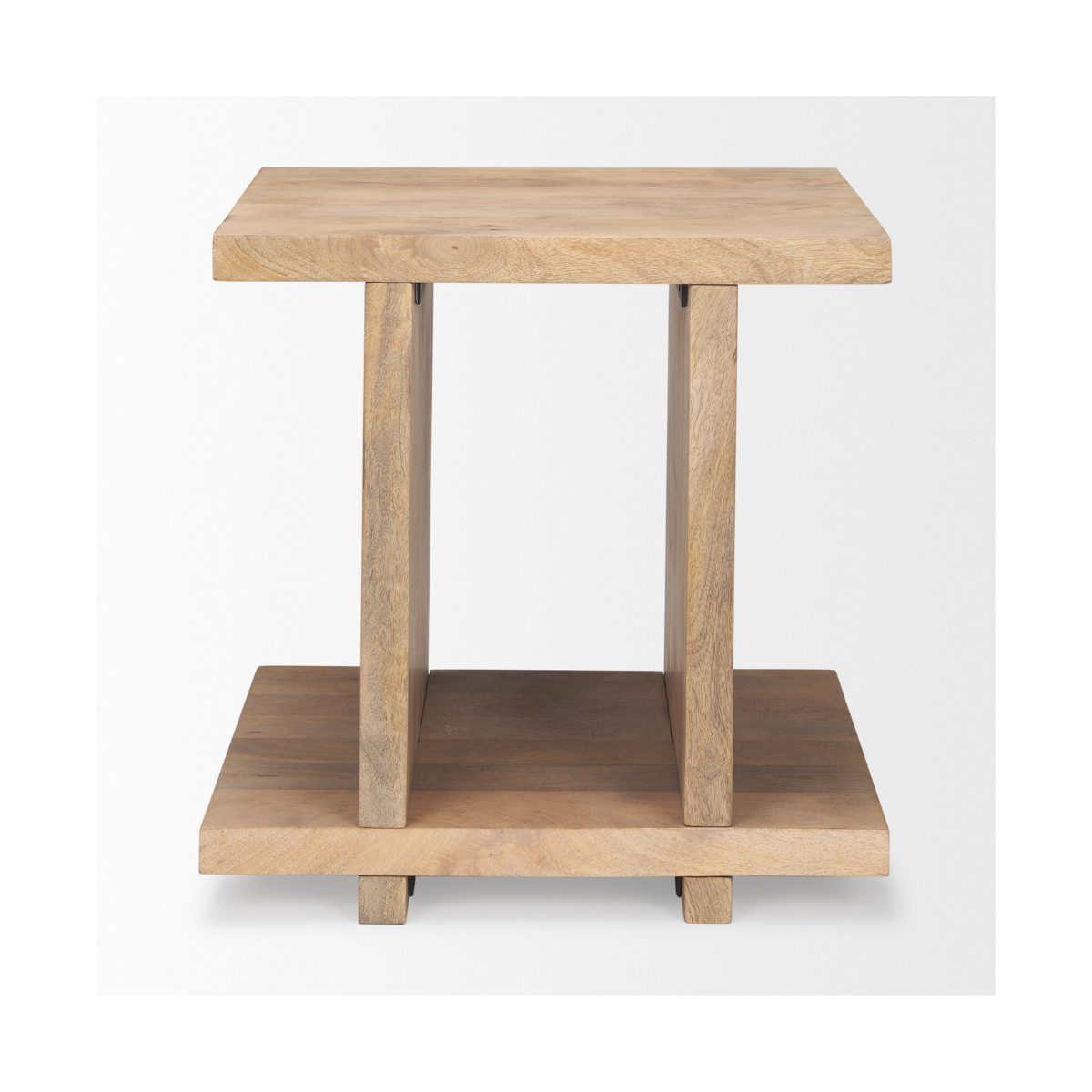Straight-on front view highlighting the architectural H-frame silhouette and symmetrical design of the light brown wood table