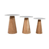Product shot showing the set of three Nolan tables arranged in height order to highlight the graduated sizes and uniform natural wood finish