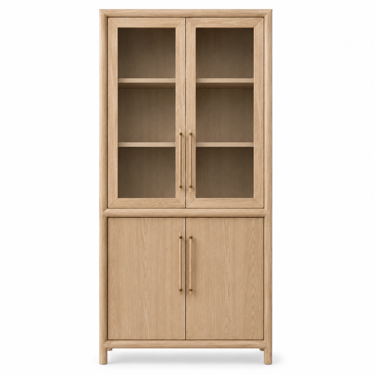 A tall wooden bookcase with a light oak finish, featuring two upper glass-front doors with shelves and two lower solid doors, set against a plain white background.