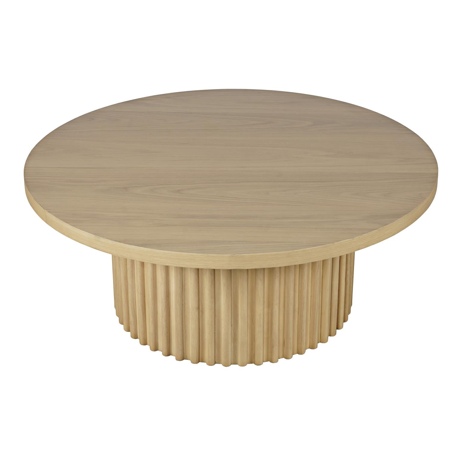 Three-quarter perspective highlighting the architectural silhouette and the seamless vertical slats of the pedestal base