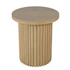 Front view of the Nord end table in natural oak featuring a circular tabletop on a cylindrical tambour-style fluted pedestal base