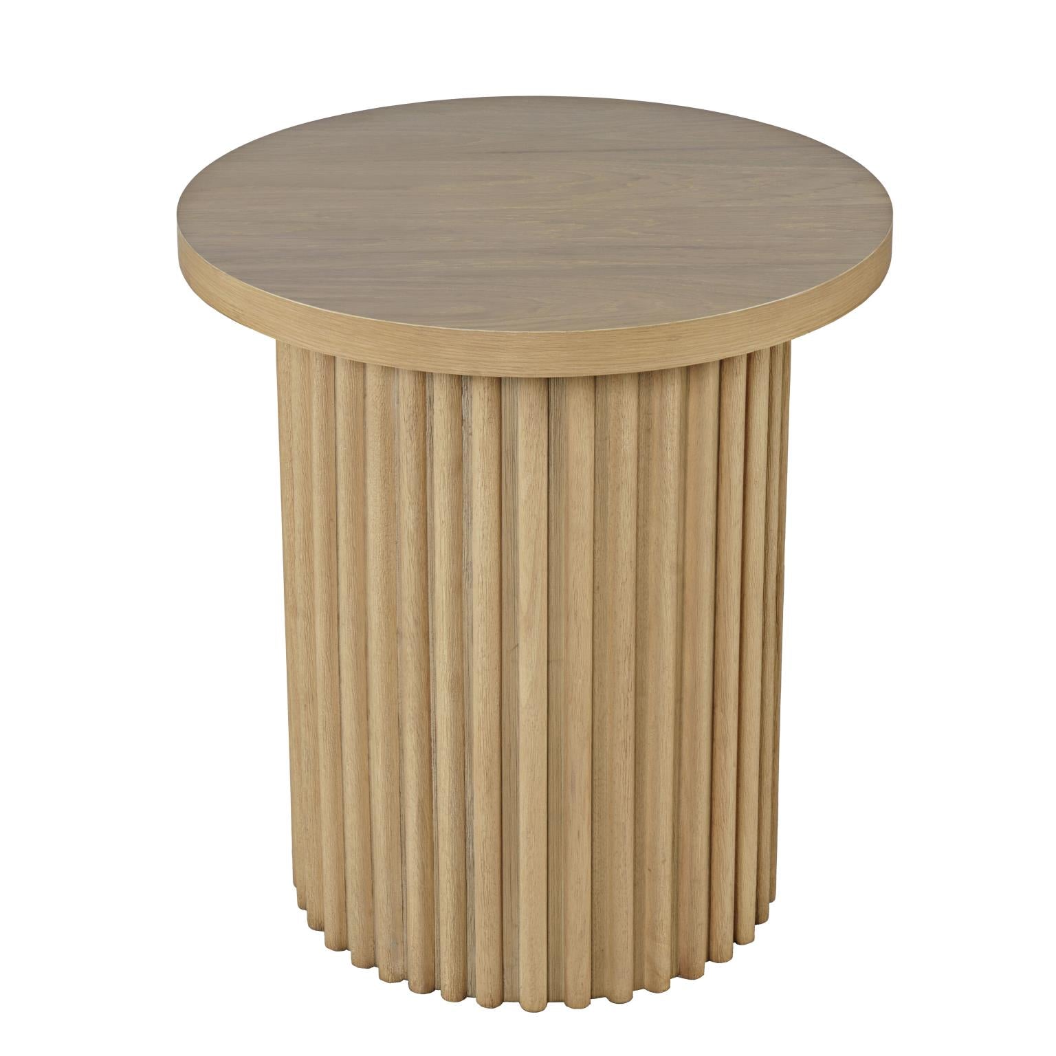 Front view of the Nord end table in natural oak featuring a circular tabletop on a cylindrical tambour-style fluted pedestal base